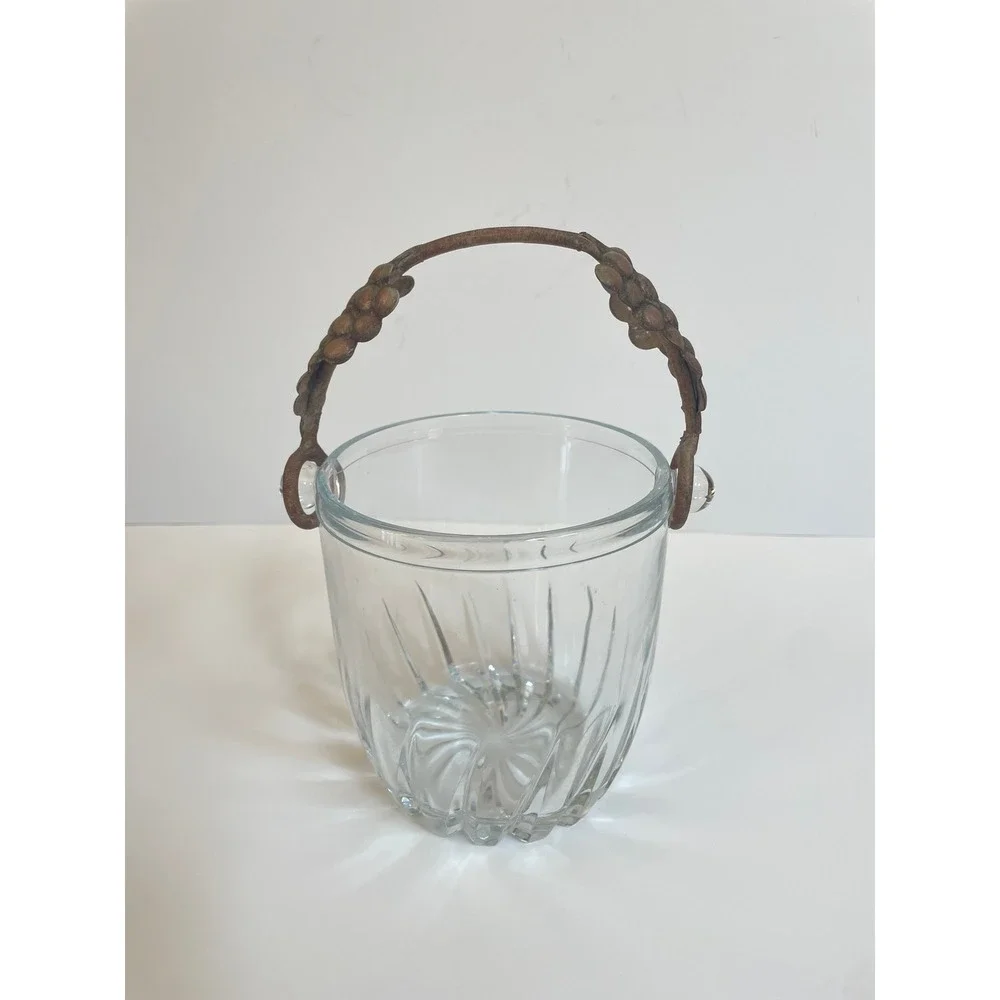Vintage Clear Swirl Glass Ice Bucket with Grape & Vine Metal Handle  Barware